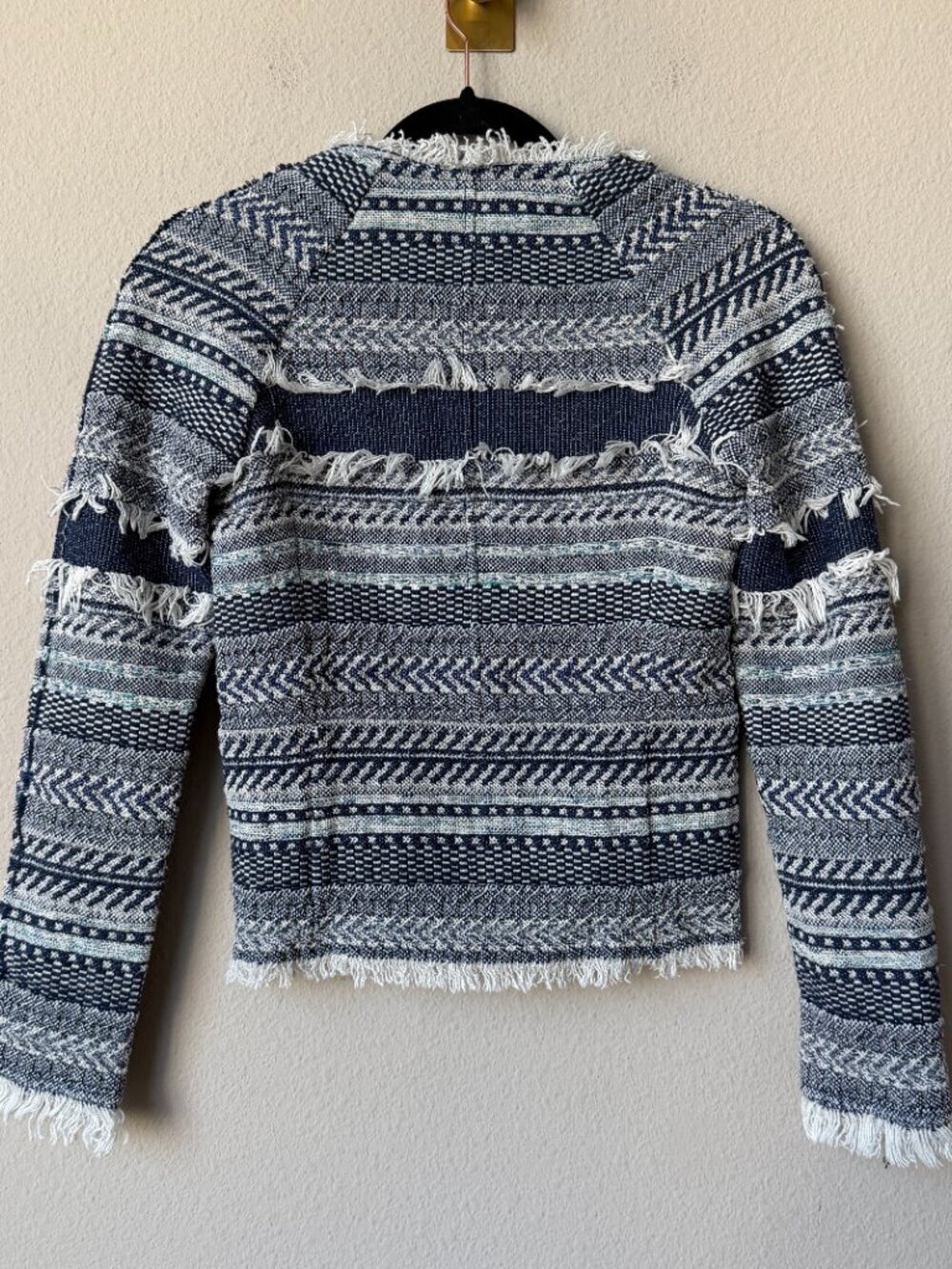 Club Monaco Navy White Herringbone Tweed Fringe Jacket Size 00 - Picture 3 of 4
